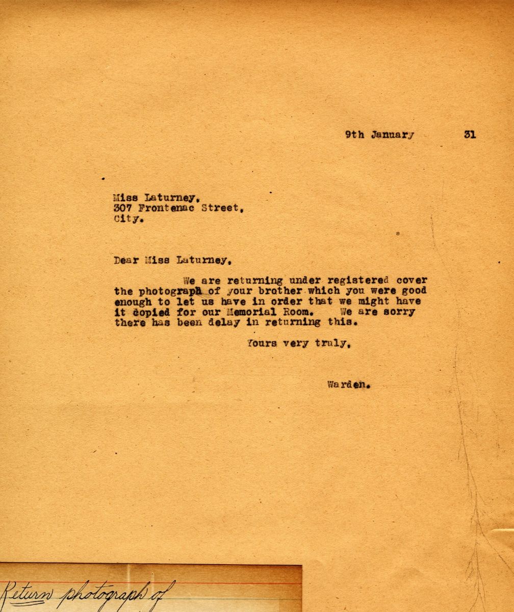 Letter from the Warden to Miss Laturney, 9th January 1931