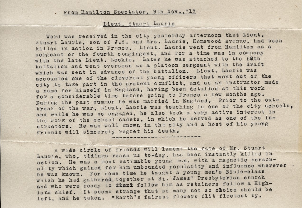 Extract from the Hamilton Spectator Reporting the Death and Funeral Service Information of Laurie, 9th November 1917