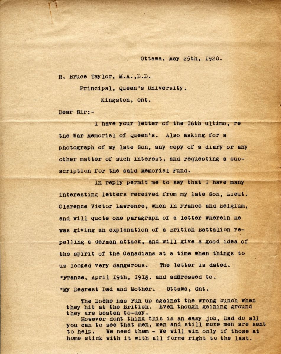 Letter from C. Lawrence to Principal Bruce Taylor, 25th May 1920, Page 1
