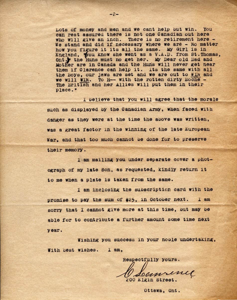 Letter from C. Lawrence to Principal Bruce Taylor, 25th May 1920, Page 2