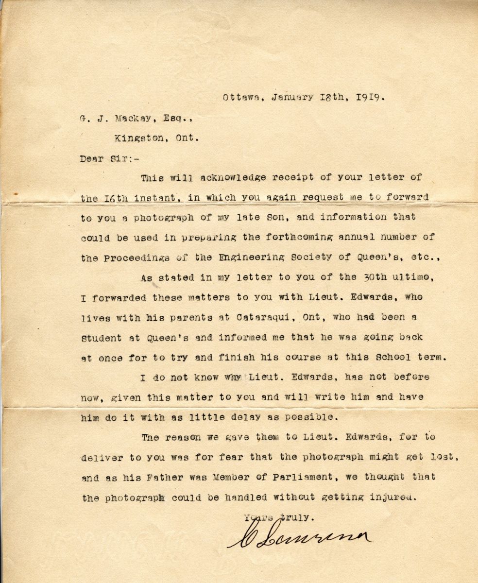 Letter from C. Lawrence to G.J. Mackay, 18th January 1919