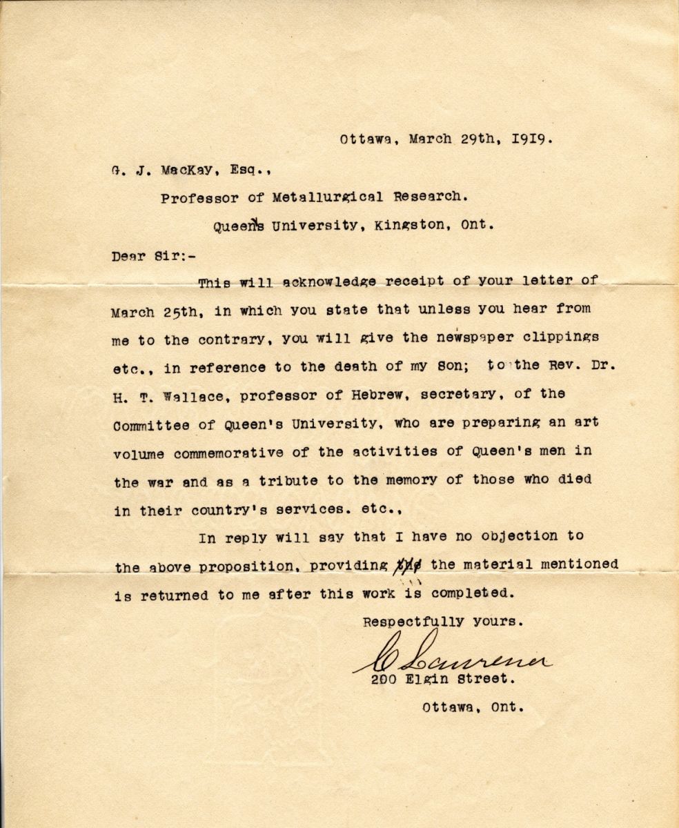 Letter from C. Lawrence to G.J. Mackay, 29th March 1919