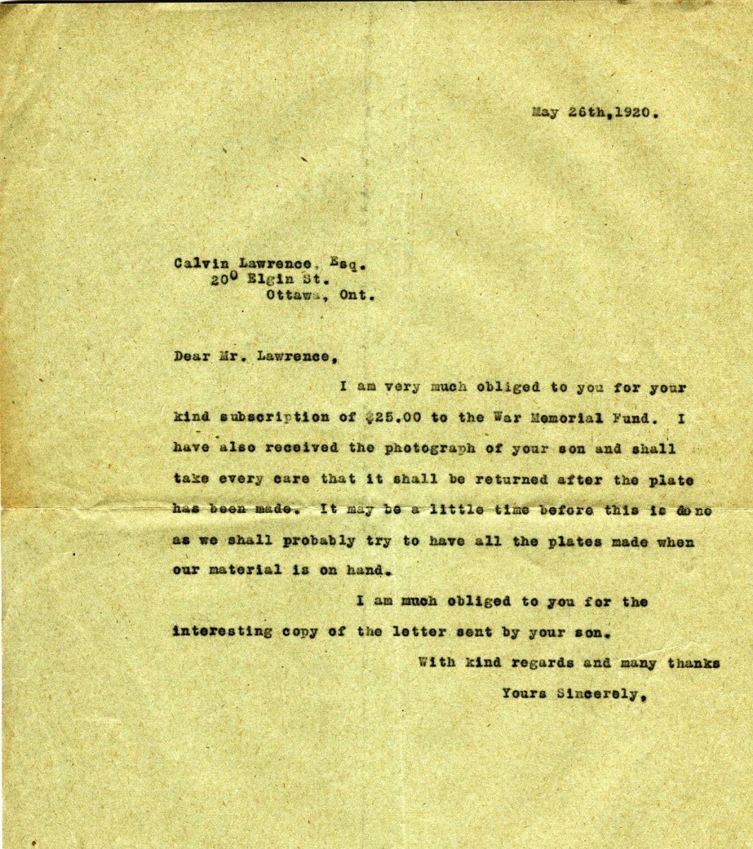 Letter from Queen's University to Mr. Calvin Lawrence, 26th May 1920