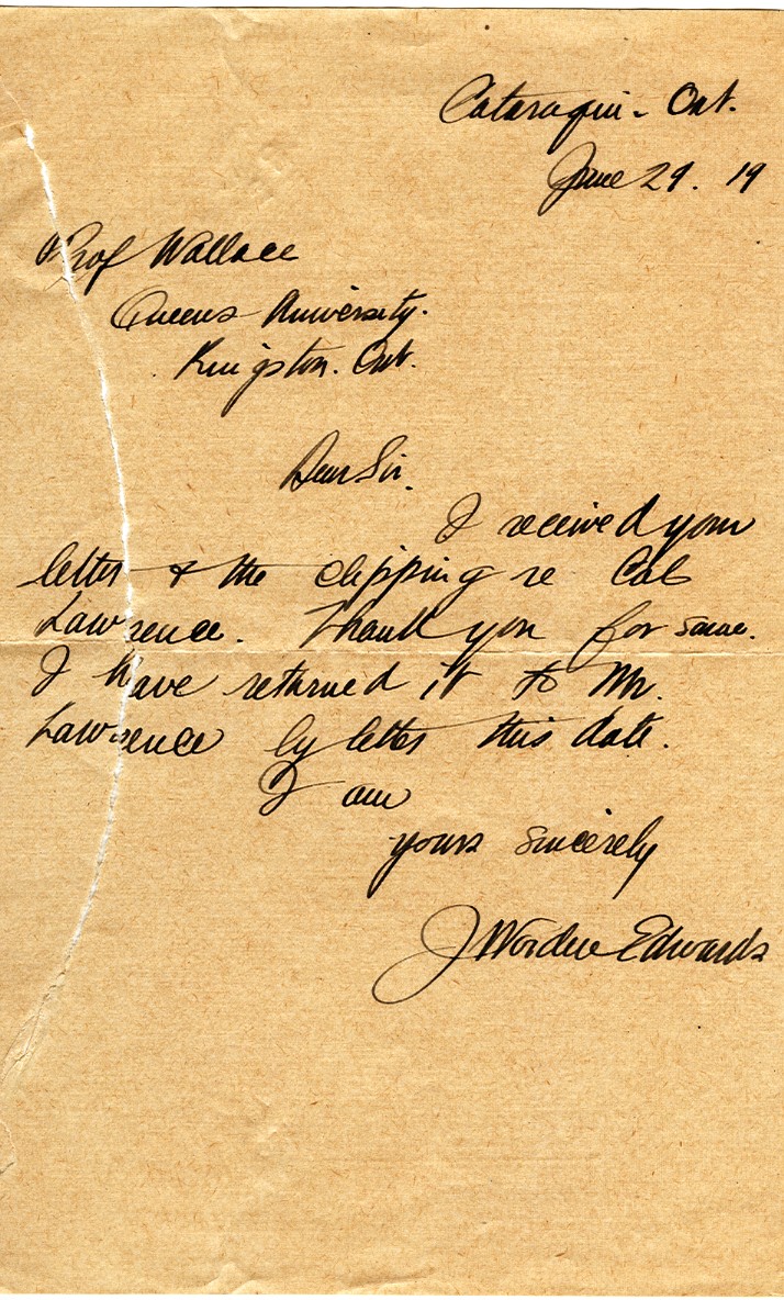 Letter from J.W. Edwards to Professor Wallace, 29th June 1919