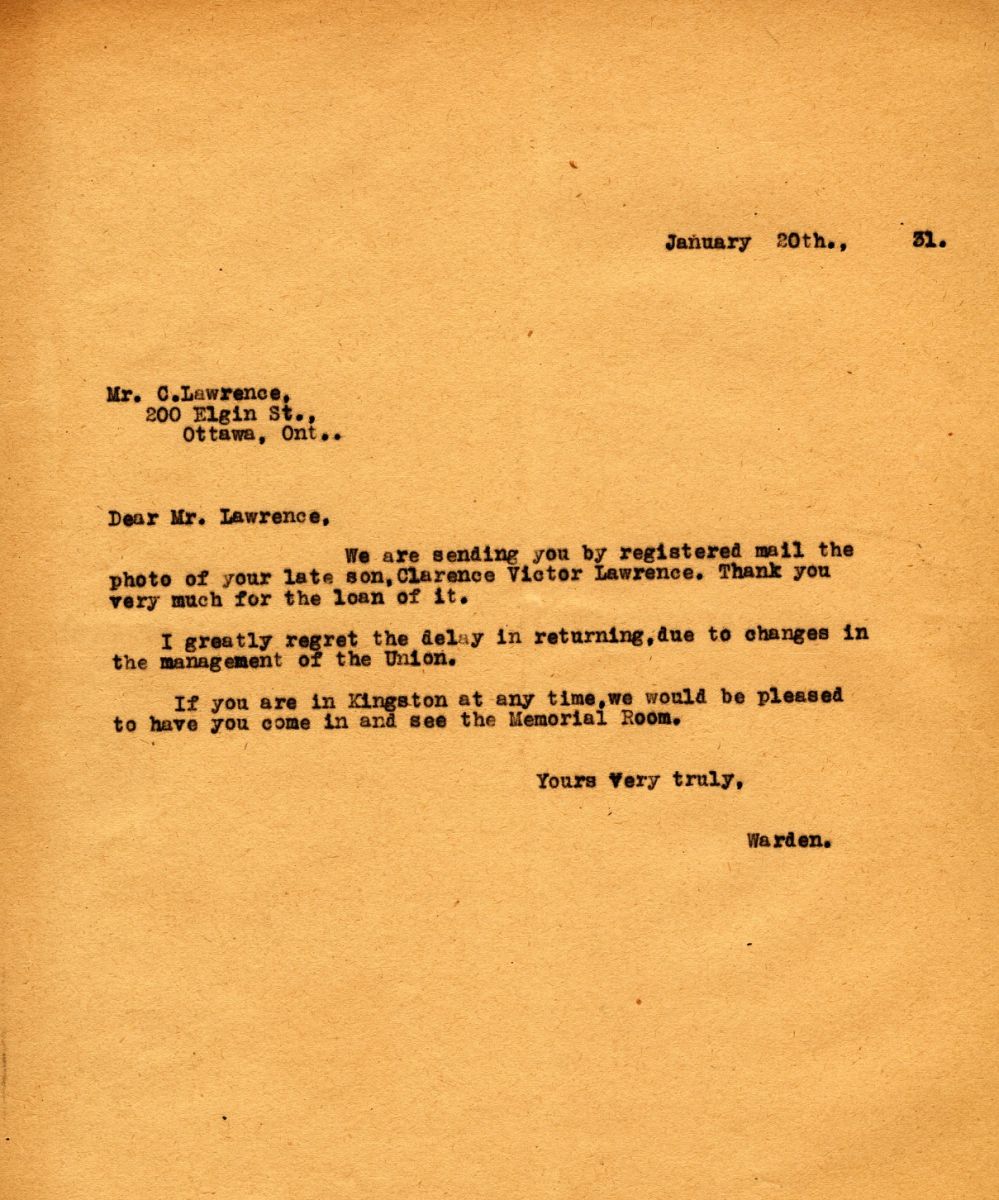 Letter from the Warden to Mr. C. Lawrence , 20th January 1931