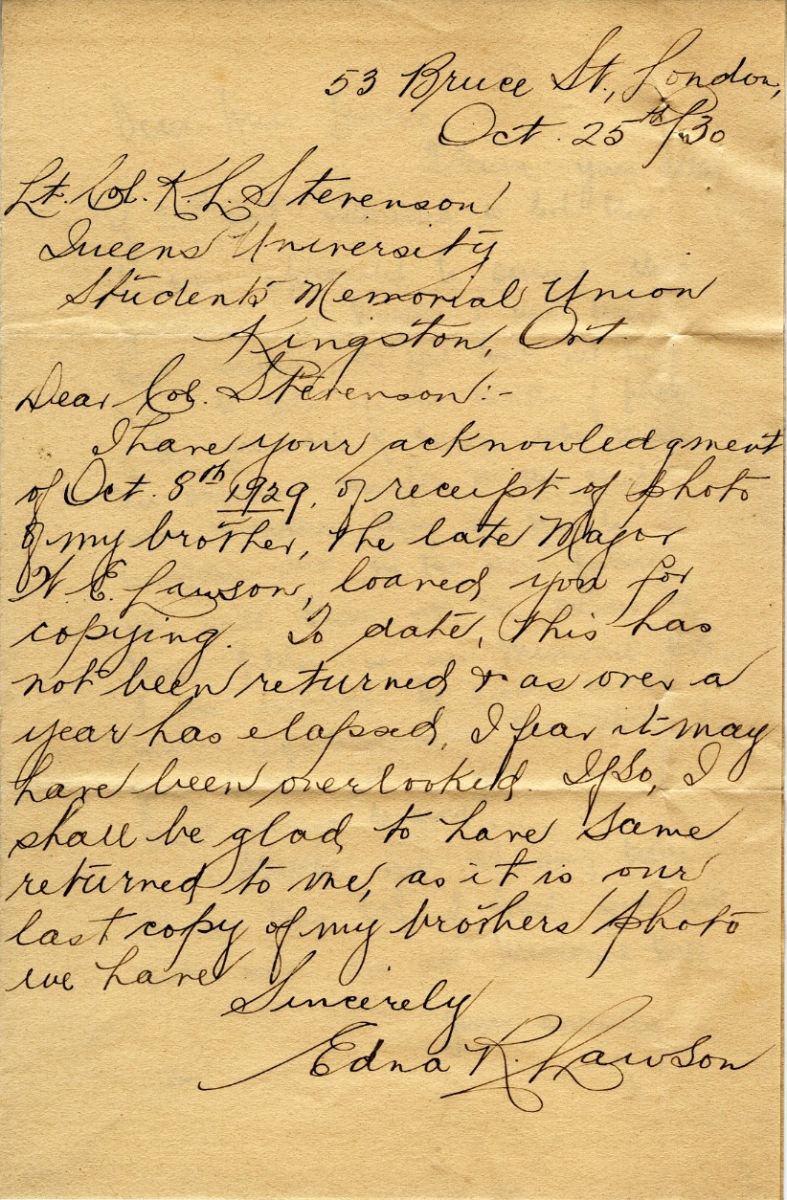 Letter from Miss Edna R. Lawson to Lt. Col. K.L. Stevenson, 25th October 1930