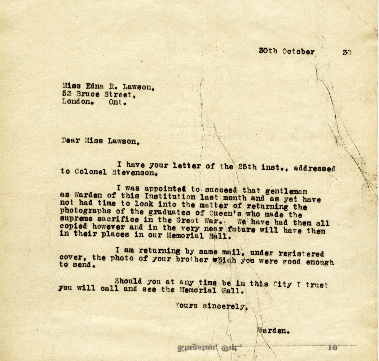 Letter from the Warden to Miss Edna R. Lawson, 30th October 1930
