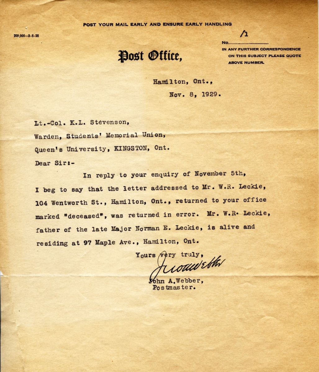 Letter from the Postmaster John. A. Webber to Lt. Col. K.L. Stevenson, 8th November 1929