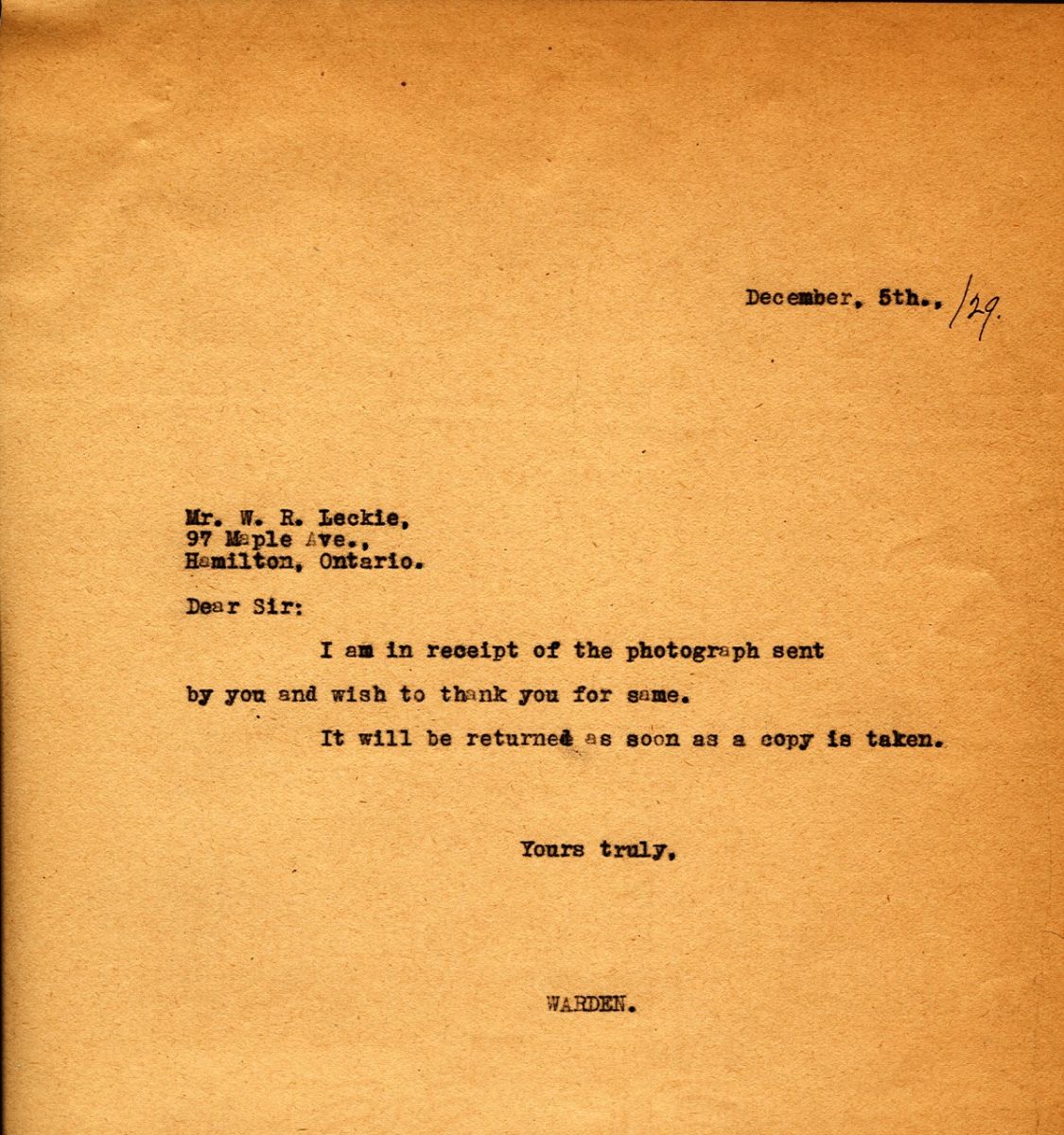 Letter from the Warden to Mr. W.R. Leckie, 5th December 1929