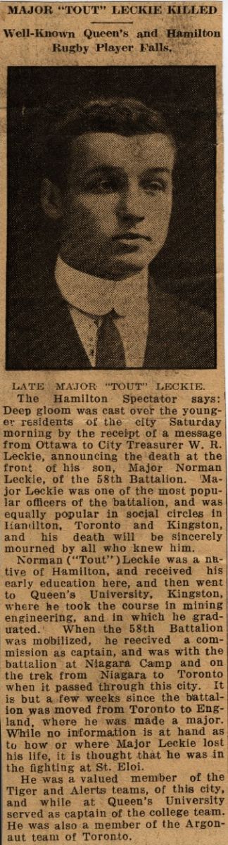 News Clipping Reporting Death of Leckie