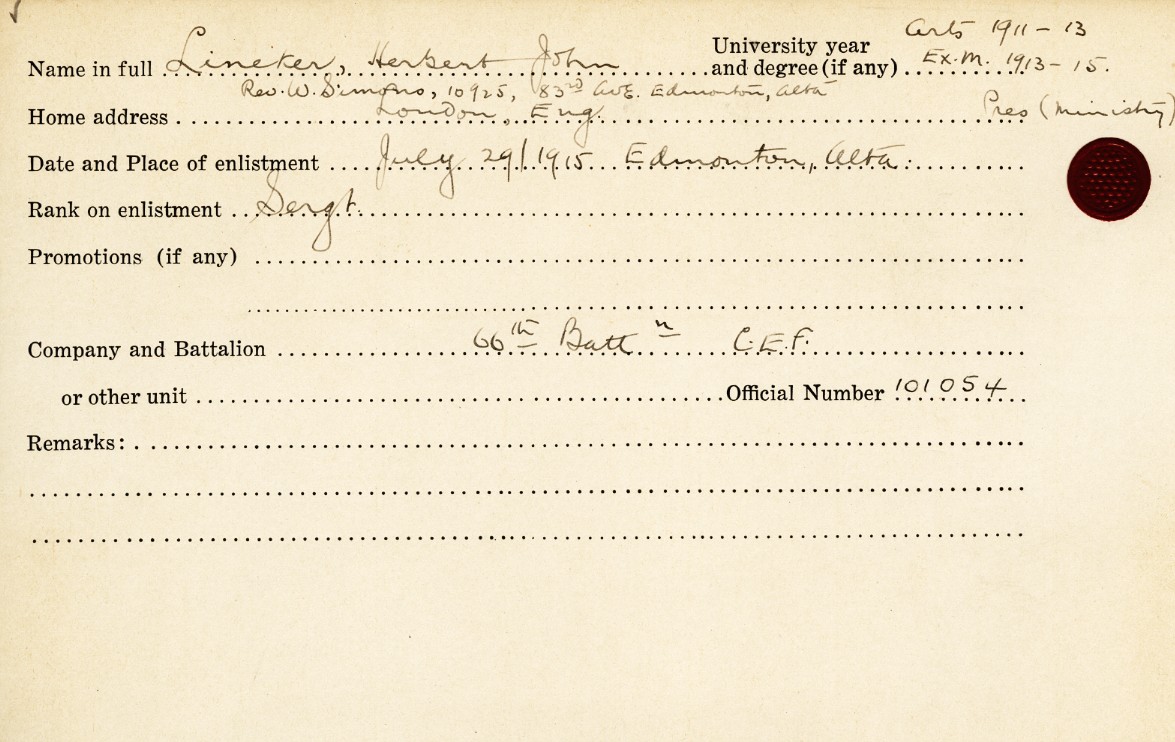University Military Service Record of Linkeker