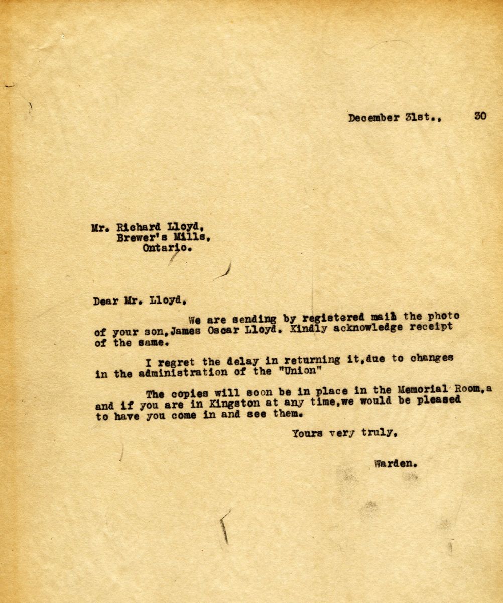 Letter from the Warden to Mr. Richard Lloyd, 31st December 1930