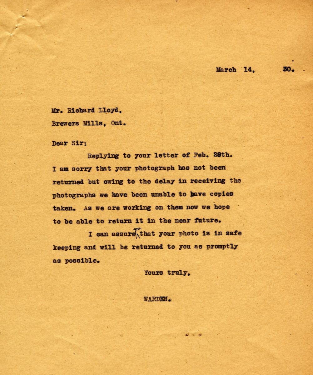 Letter from the Warden to Mr. Richard Lloyd, 14th March 1930