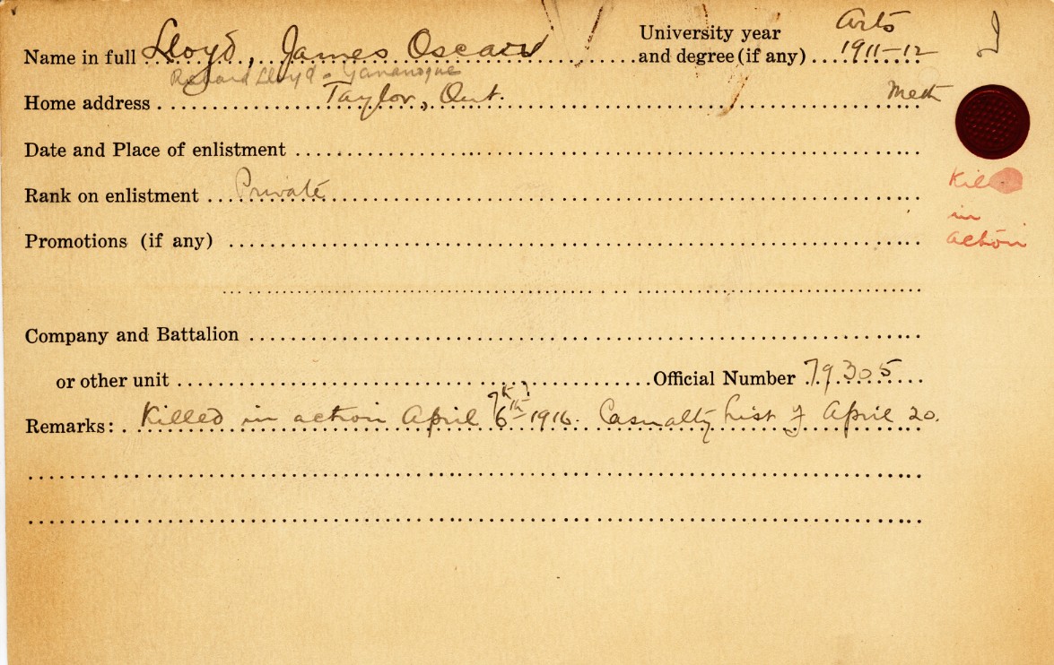 University Military Service Record of Lloyd