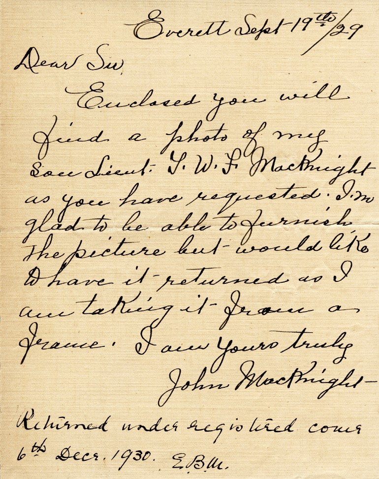 Letter from John MacKnight, 19th September 1929