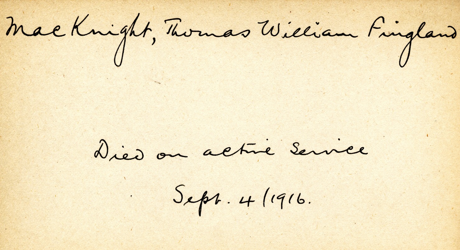 Card Describing Cause of Death of MacKnight, 4th September 1916