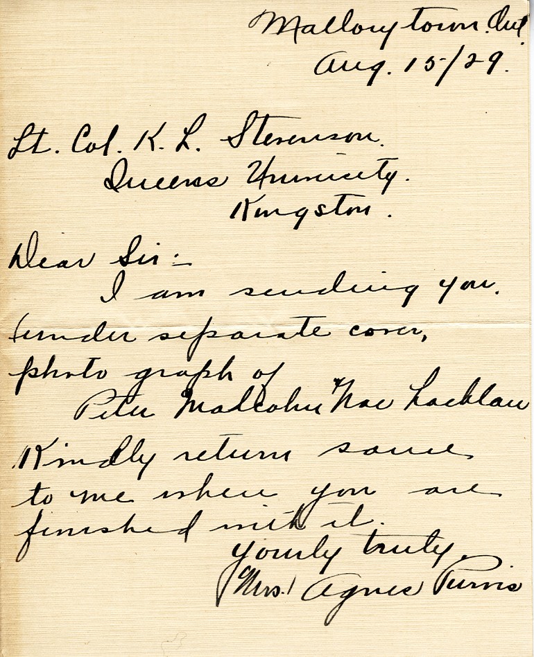 Letter from Mrs. Agnes Purvis to Lt. Col. K.L. Stevenson, 15th August 1929