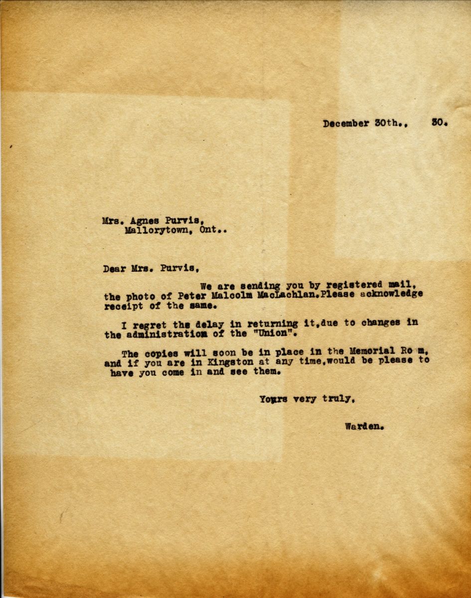 Letter from the Warden to Mrs. Agnes Purvis, 30th December 1930