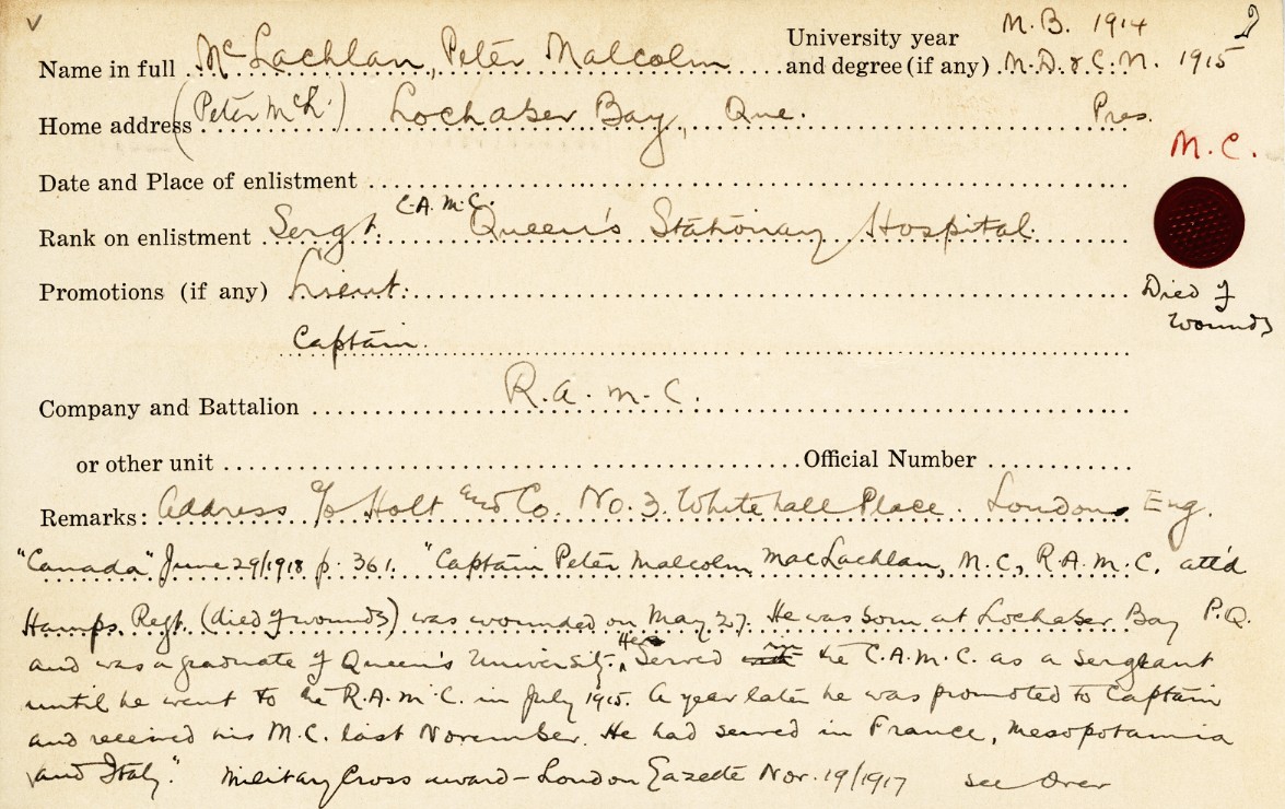University Military Service Record of MacLachlan, Front Page