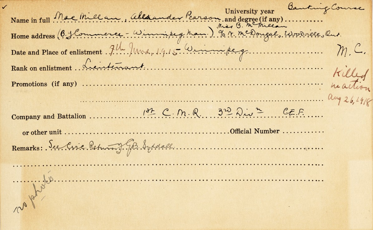 University Military Service Record of Roderick Ward Maclennan, Front Page
