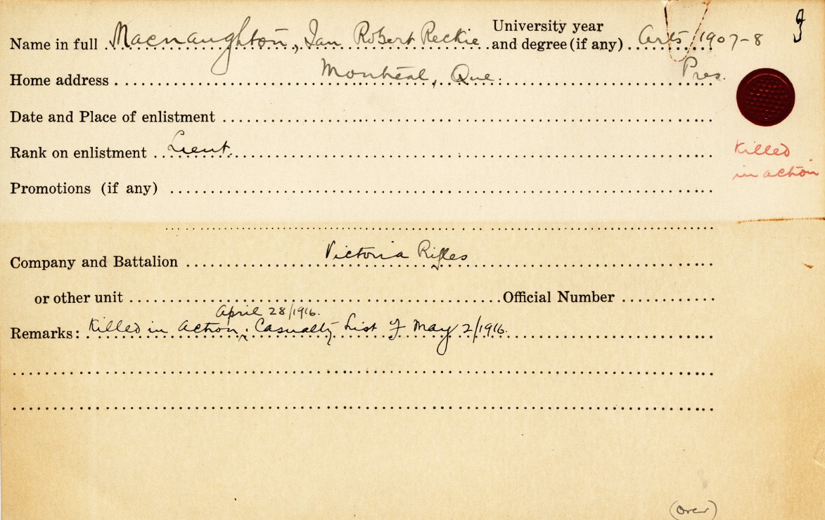 University Military Service Record of MacNoughton, Front Page