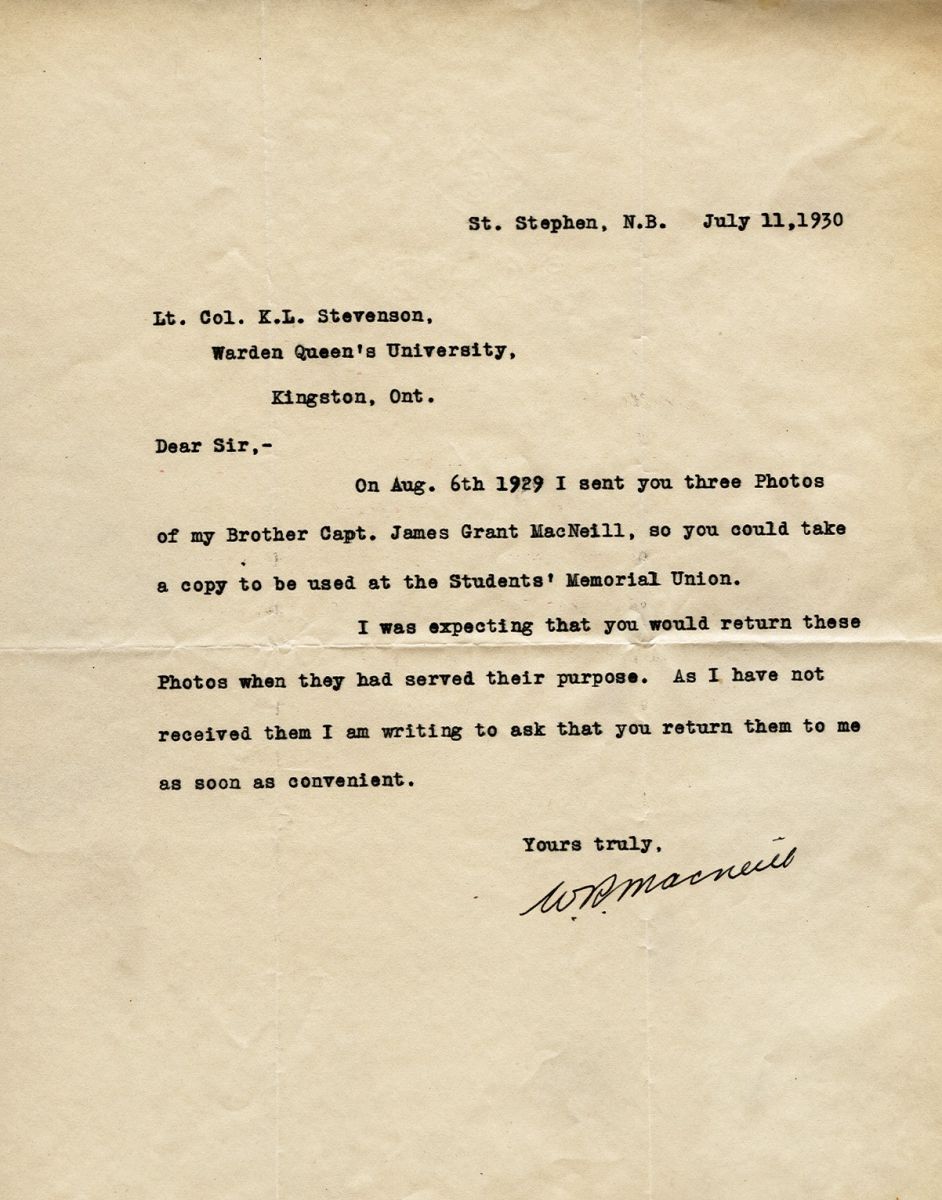 Letter from W.R. MacNeill to Lt. Col. K.L. Stevenson, 11th July 1930