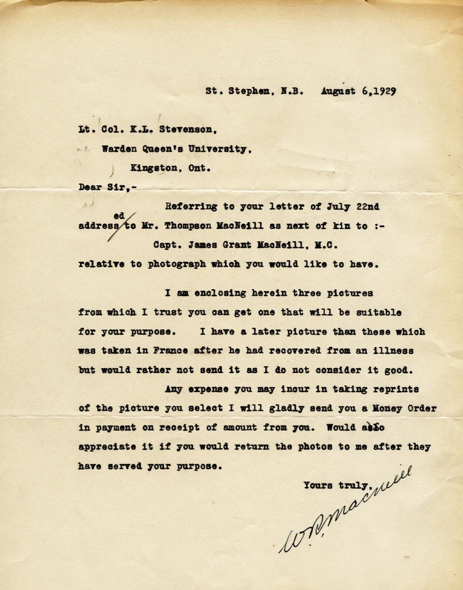 Letter from W.R. MacNeill to Lt. Col. K.L. Stevenson, 6th August 1929