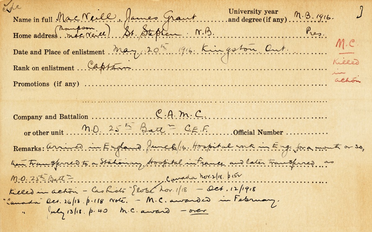 University Military Service Record of MacNeill