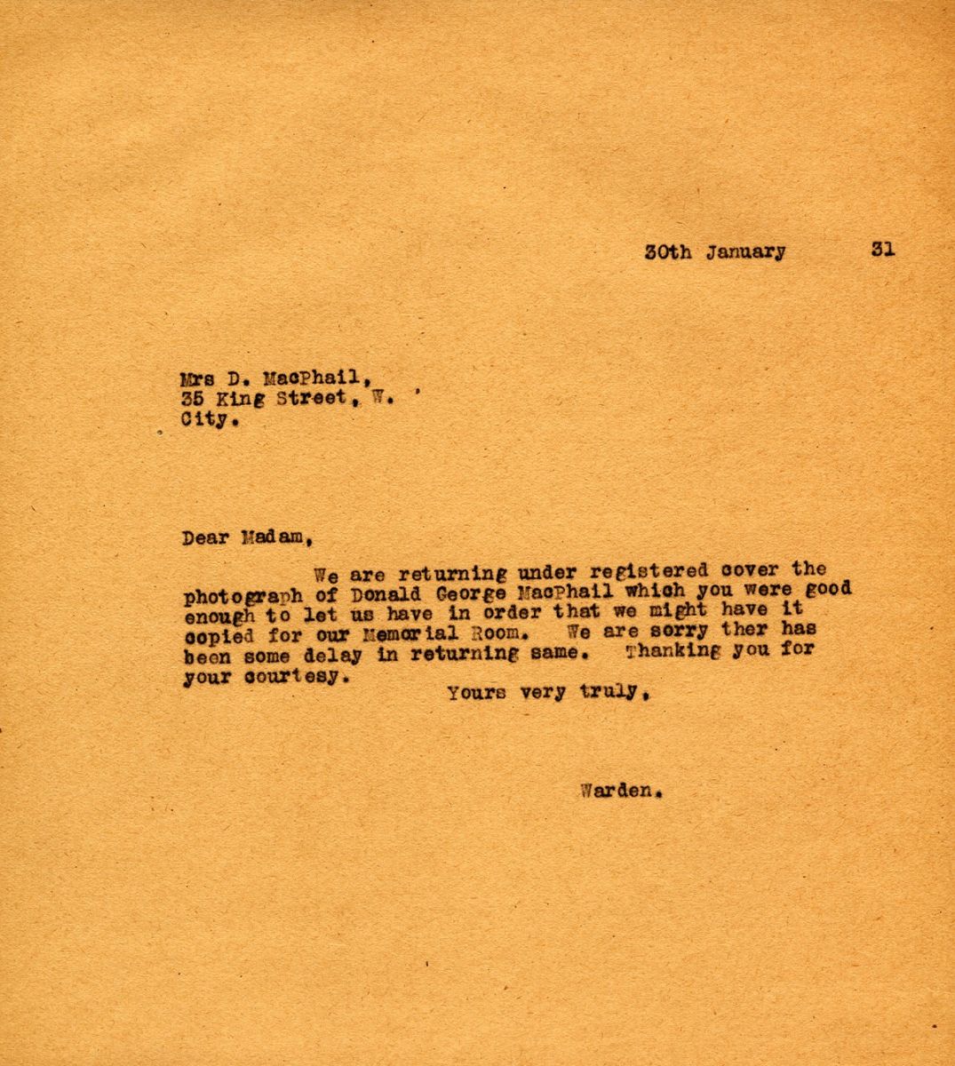 Letter from the Warden to Mrs. D. MacPhail, 30th January 1931
