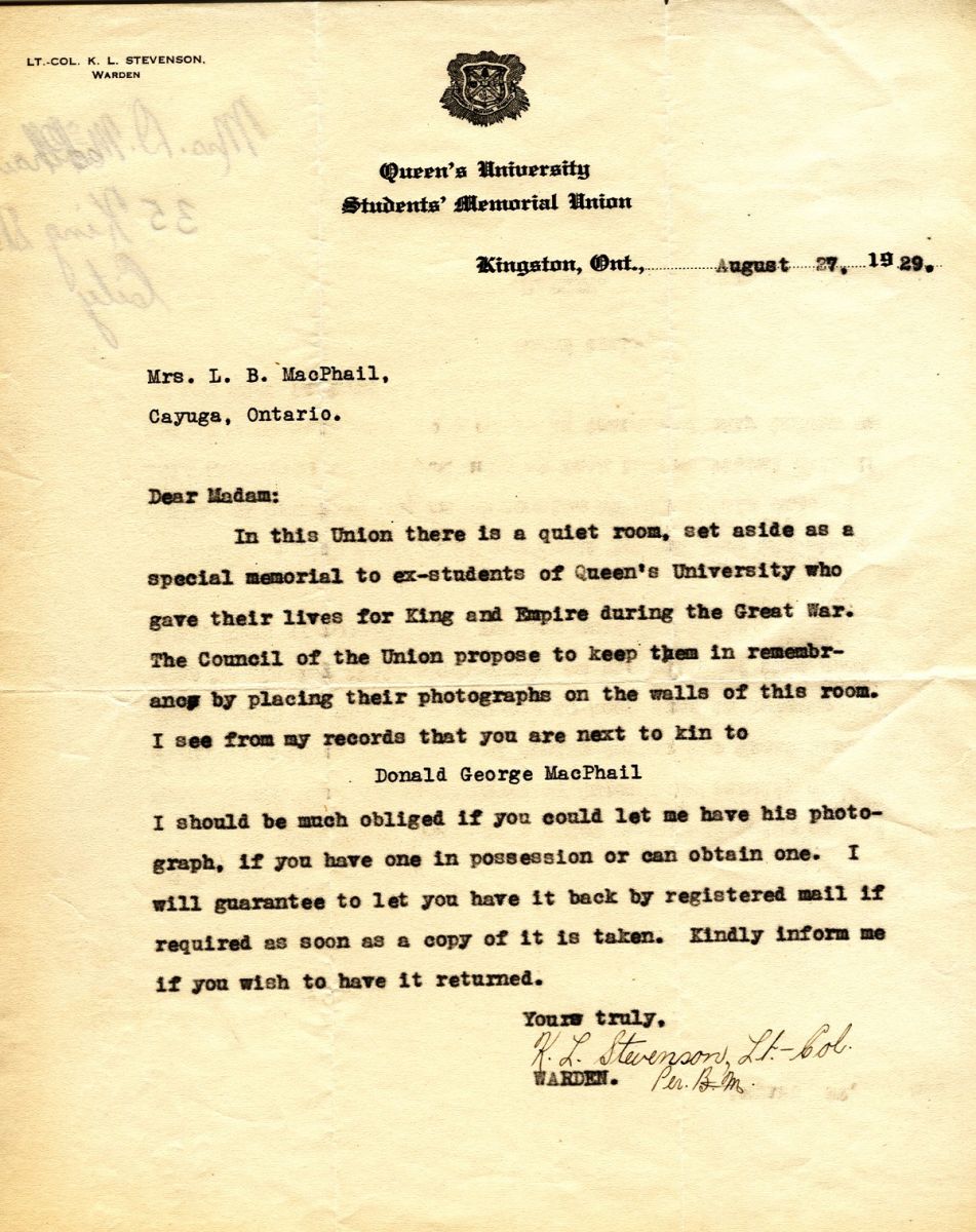 Letter from the Warden to Mrs. L.B. MacPhail, 27th August 1929