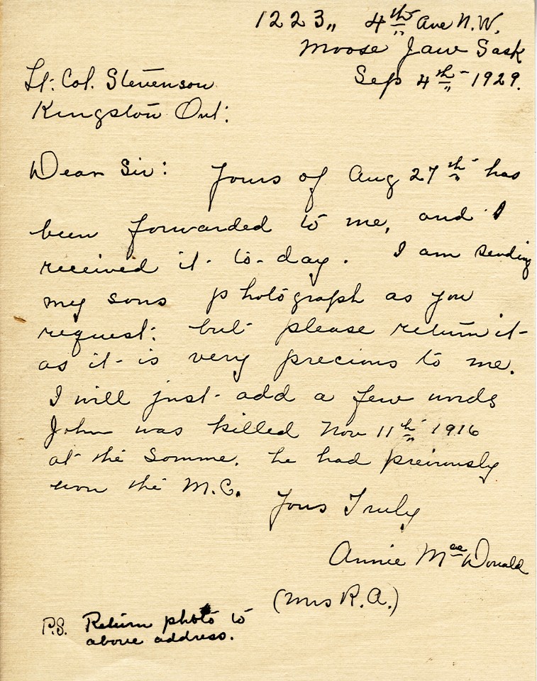 Letter from Annie MacDonald to Lt. Col. K.L. Stevenson, 4th September 1929