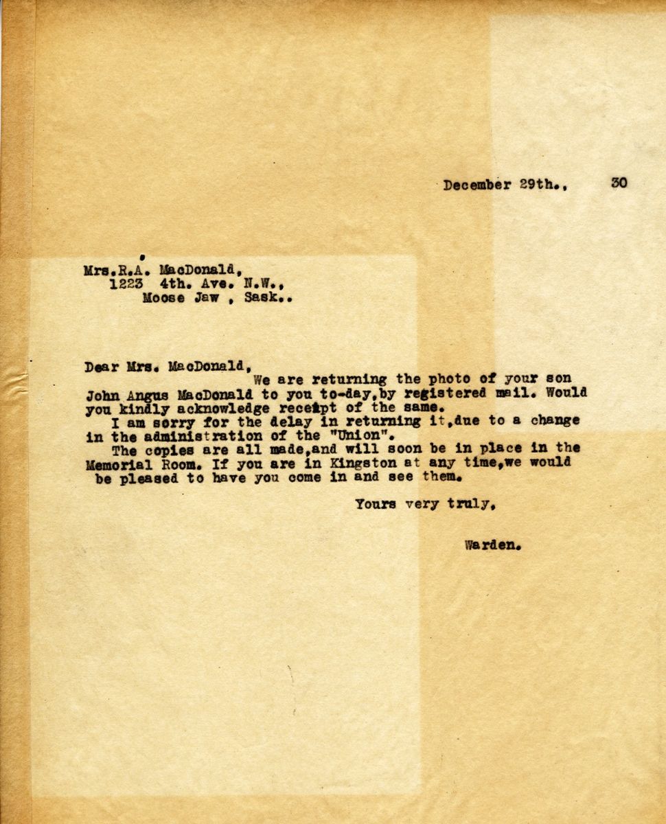 Letter from the Warden to Mrs. R.A. MacDonald, 29th December 1930