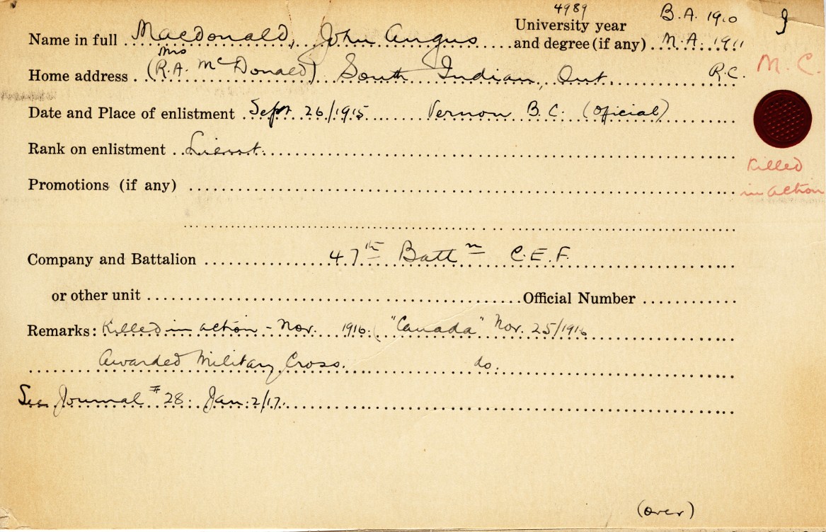 University Military Service Record of MacDonald, Front Page