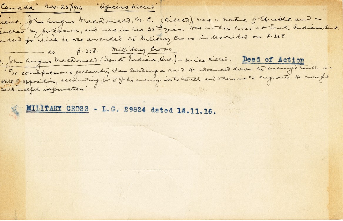University Military Service Record of MacDonald, Back Page