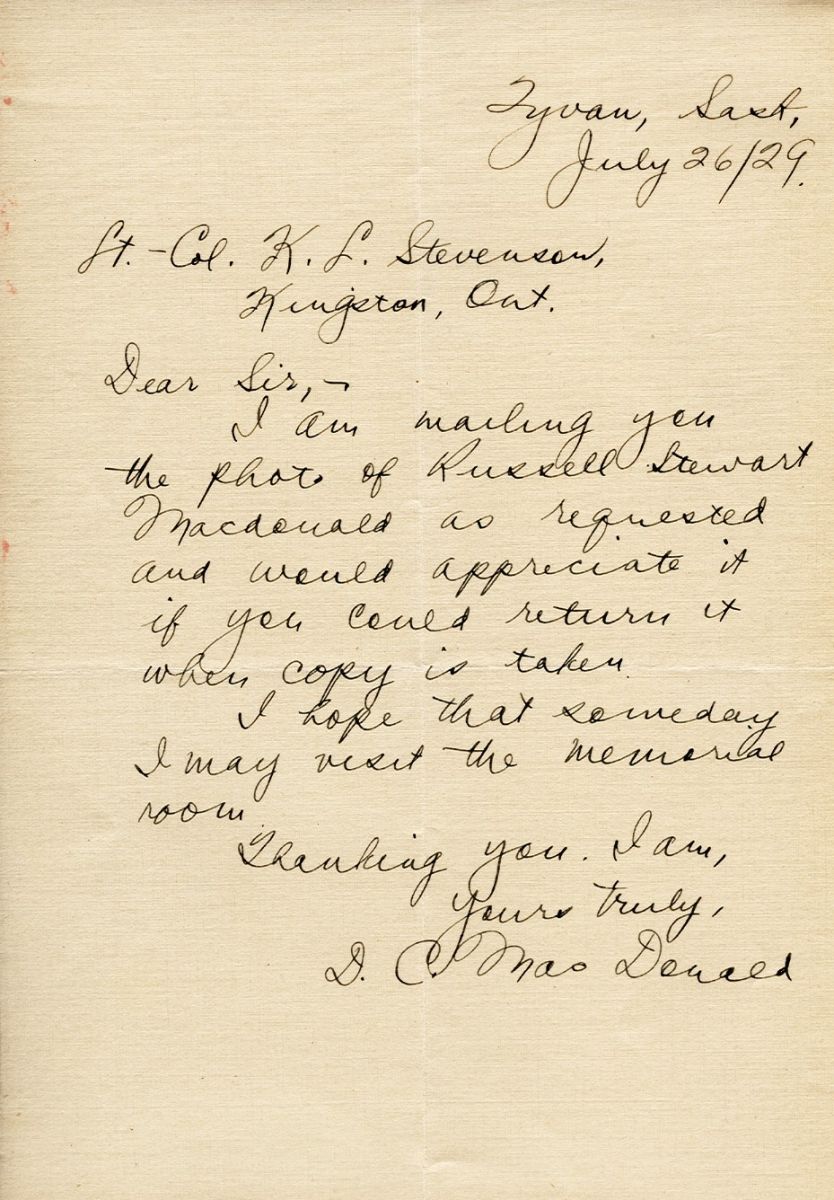 Letter from D.C. MacDonald to Lt. Col. K.L. Stevenson, 26th July 1929