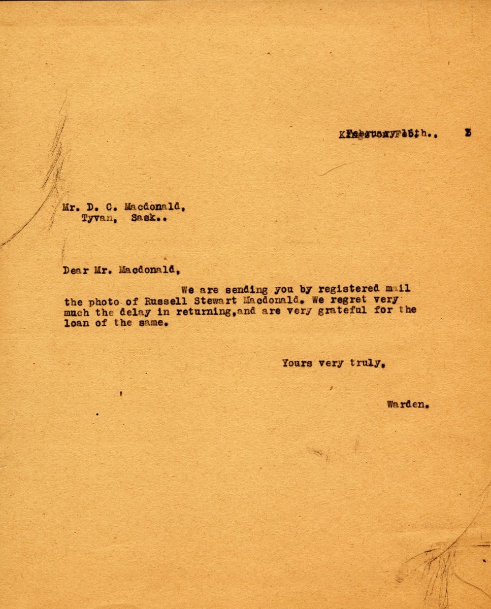 Letter from the Warden to Mr. D.C. MacDonald, 