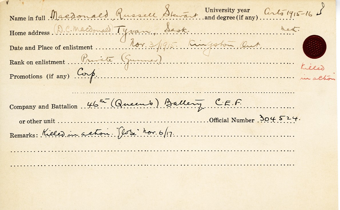 University Military Service Record of MacDonald