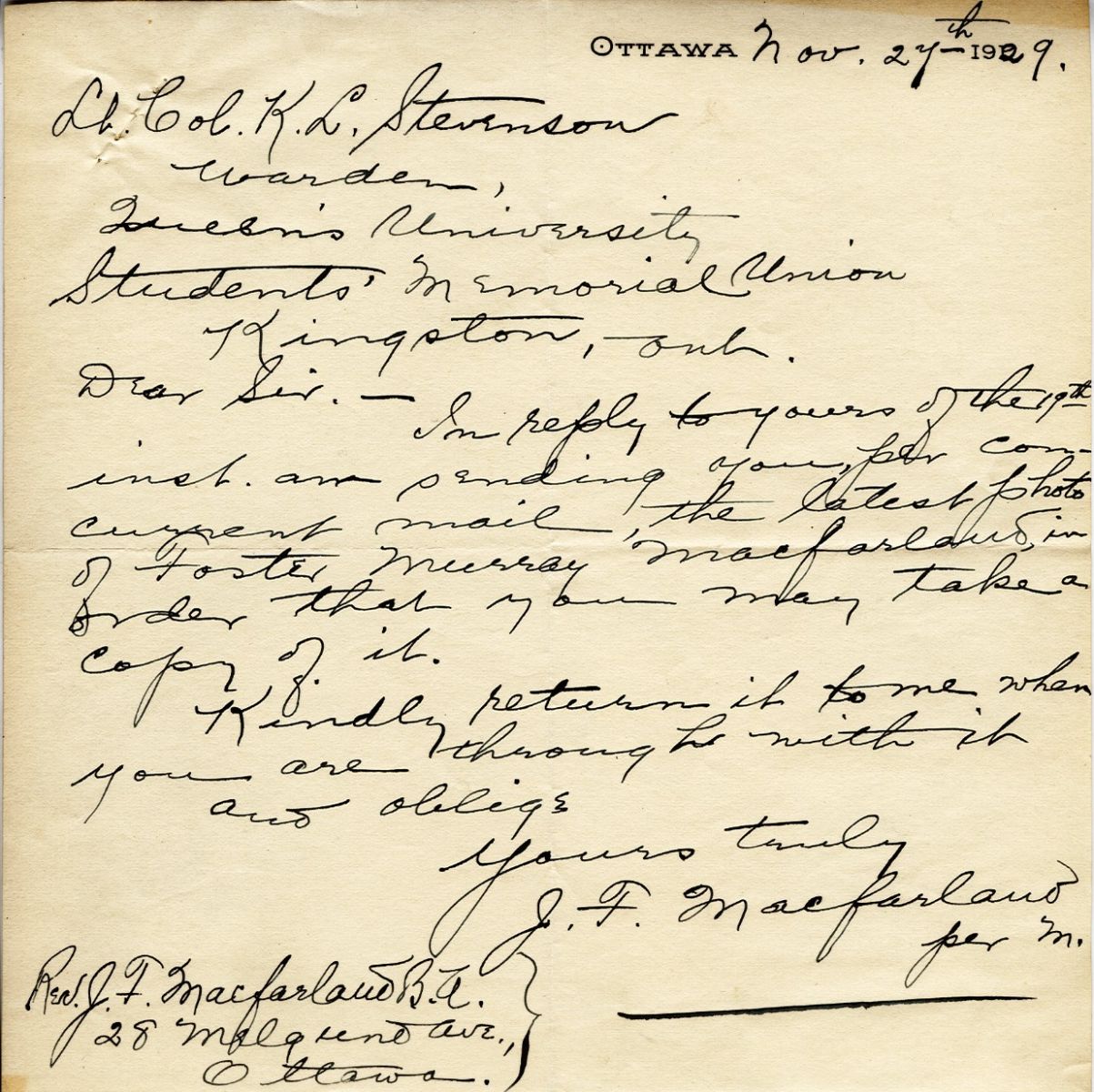 Letter from J.F. Macfarland to Lt. Col. K.L. Stevenson, 27th November 1929