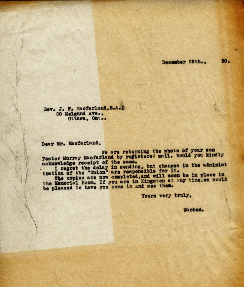 Letter from the Warden to Rev. J.F. Macfarland, 29th December 1930