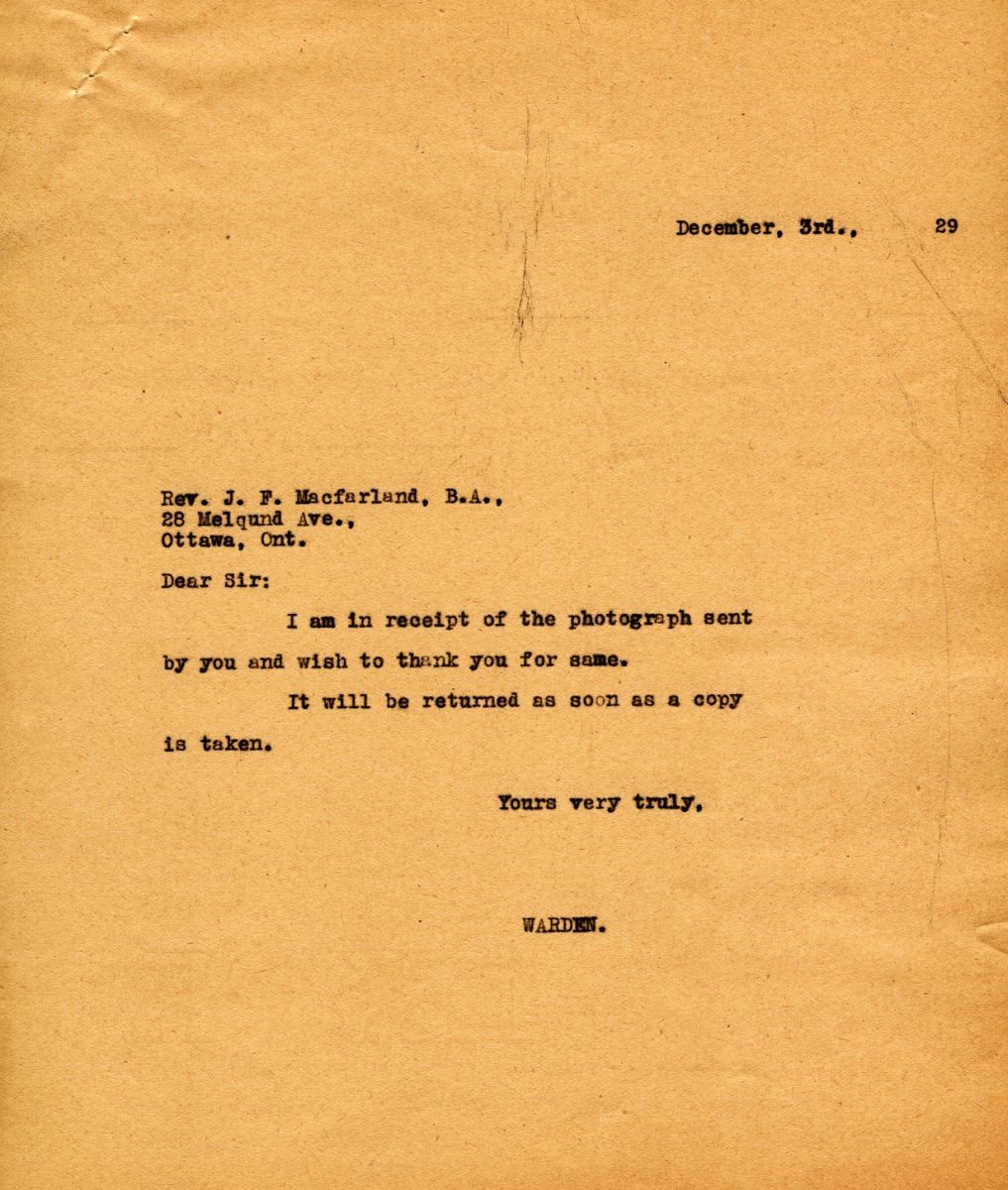 Letter from the Warden to Rev. J.F. Macfarland, 3rd December 1929