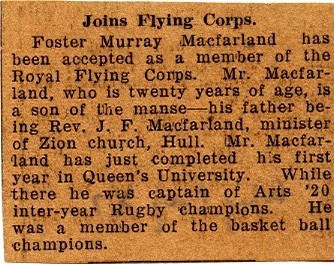 News Clipping Reporting Macfarland's Acceptance into the Royal Flying Corps