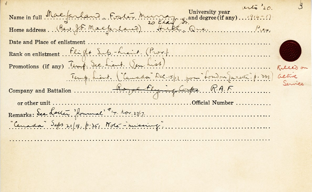 University Military Service Record of Macfarland
