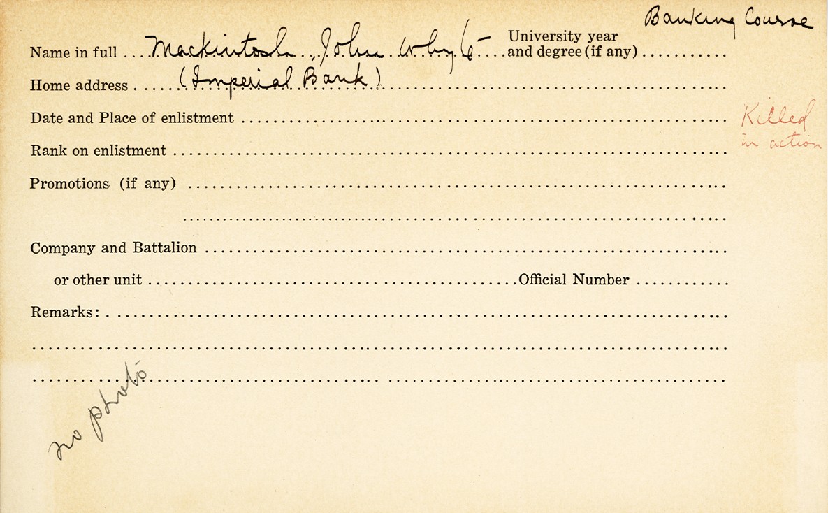 University Military Service Record of John Whyte Mackintosh