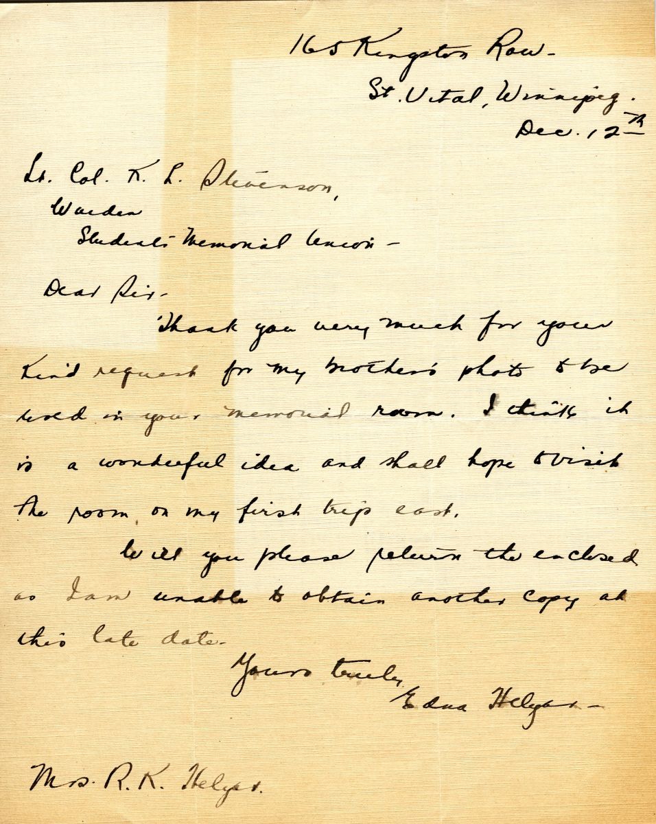 Letter from Edna Helyar to Lt. Col. K.L. Stevenson, 12th December