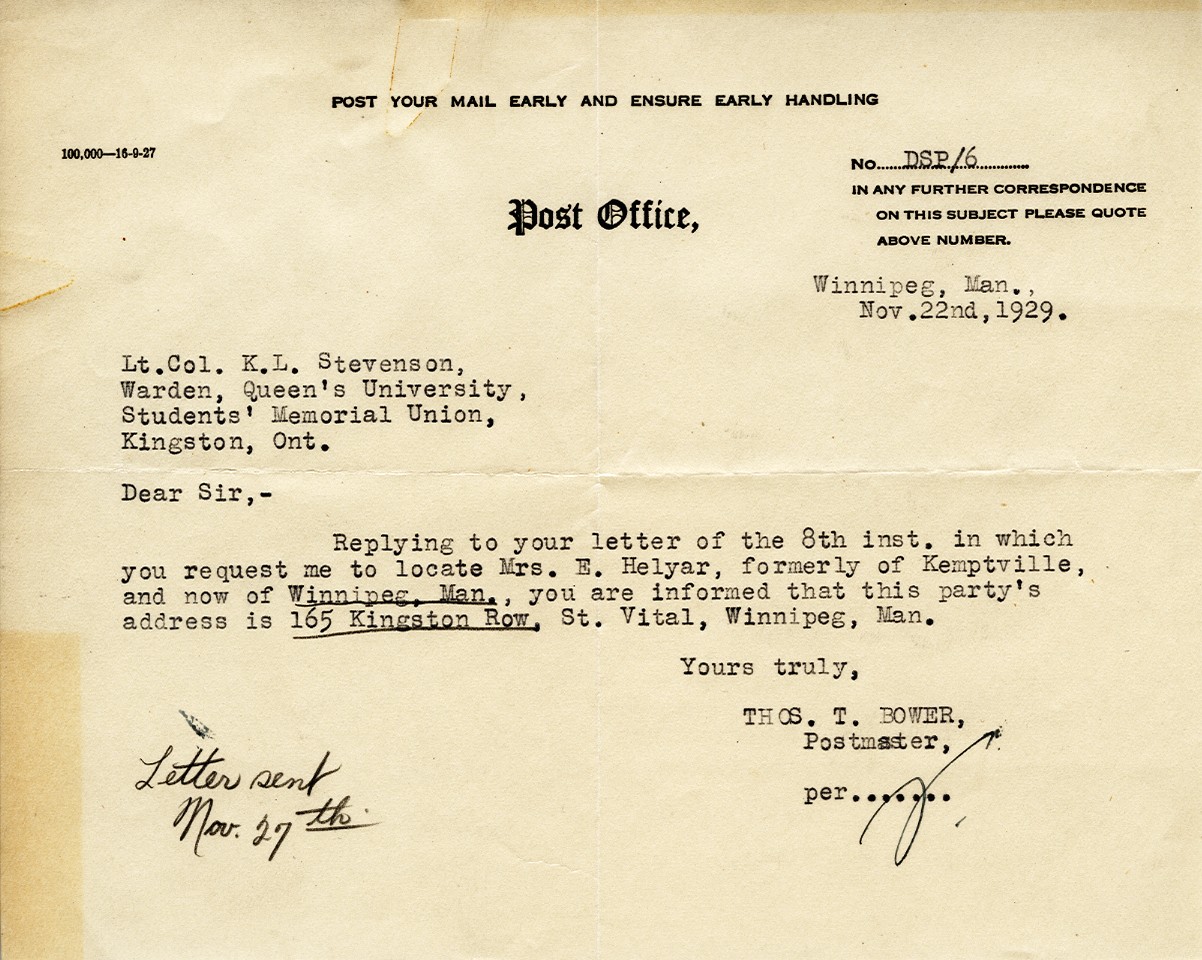 Letter from the Postmaster Thos. T. Bower to Lt. Col. K.L. Stevenson, 22nd November 1929