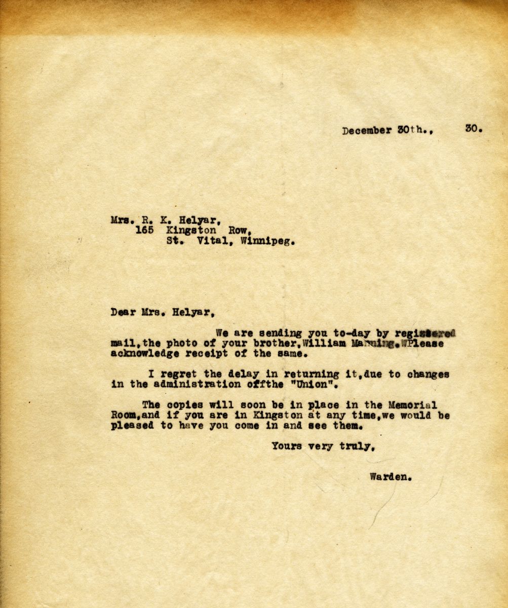 Letter from the Warden to Mrs. R.K. Helyar, 30th December 1930