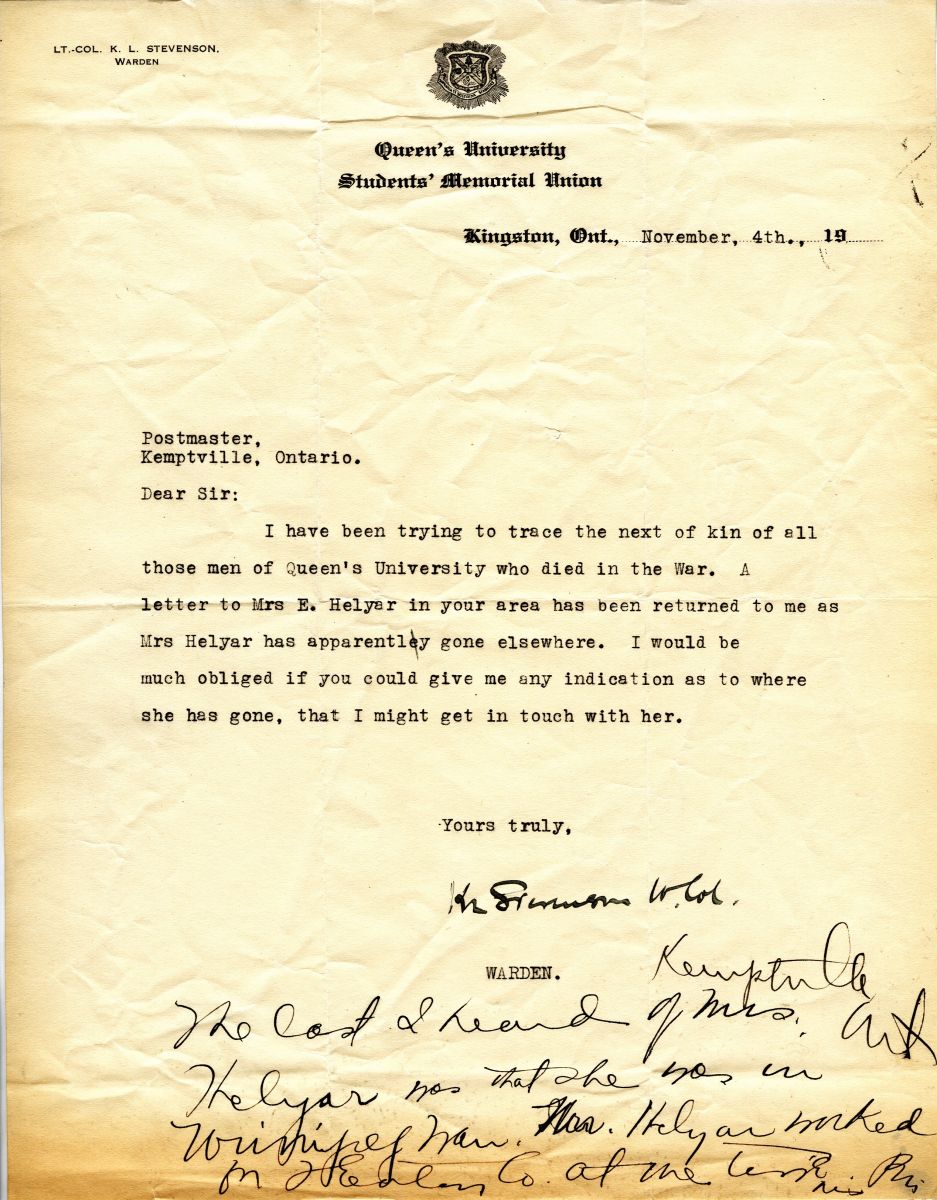 Letter from the Warden to the Postmaster of Kemptville, Ontario, 4th November 1919