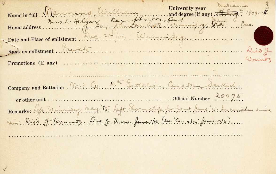University Military Service Record of Manning