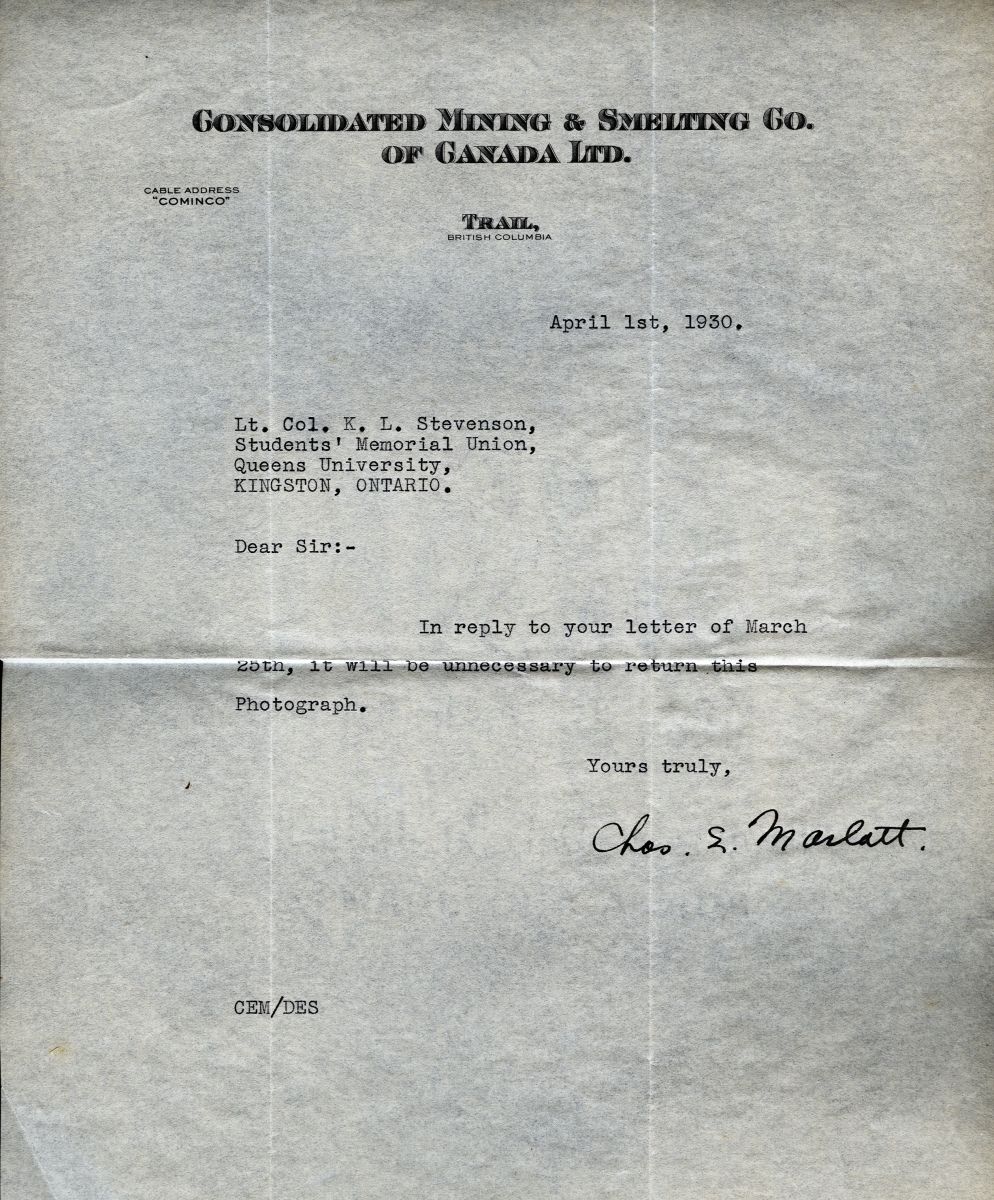 Letter from Chas E. Marlatt to Lt. Col. K.L. Stevenson, 1st April 1930