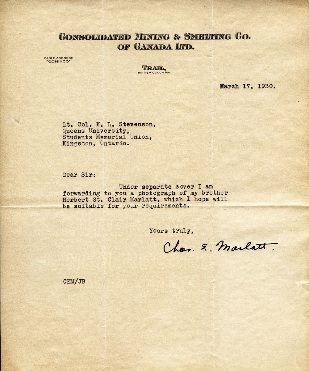 Letter from Chas E. Marlatt to Lt. Col. K.L. Stevenson, 17th March 1930